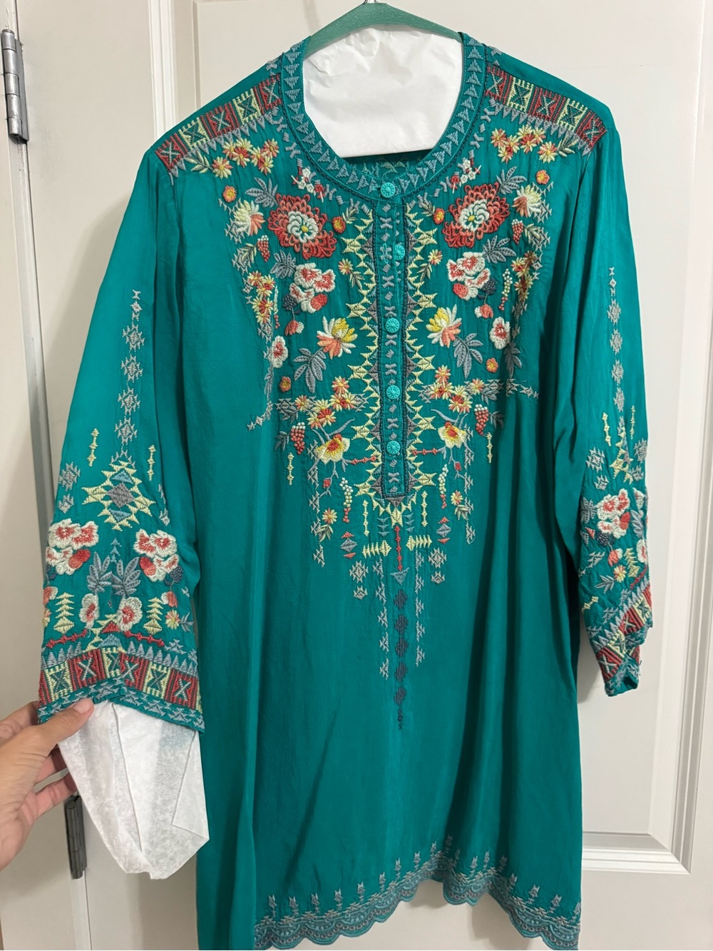 Johnny Was Teal Embroidered Floral Tunic